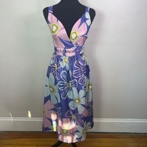 Kanjook Women Purple Pink Floral V-Neck Smocked Back Midi Fit Flare Dress Large